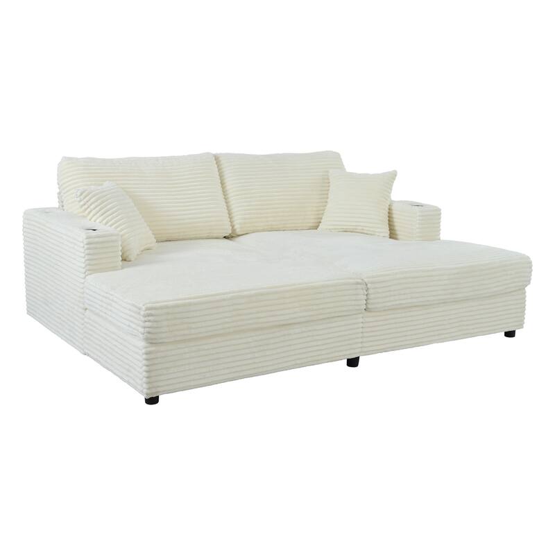 86.5" Corduroy Chaise Lounge Sofa with 2 USB Ports, Cup Holders, and 550lb Capacity