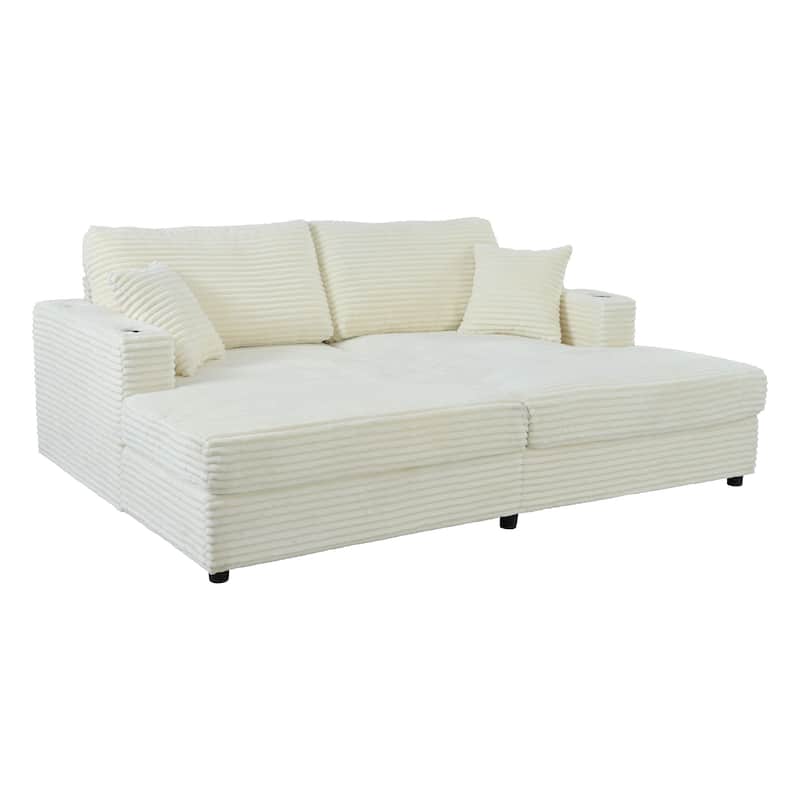 86.5" Oversized Corduroy Beige Sofa Bed with USB Ports, Cup Holders and Throw Pillows