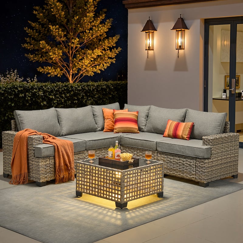 OVIOS 6 Pieces T shaped Seat Wide Armrest Set With Solar-Powered Coffee Table - DarkGrey