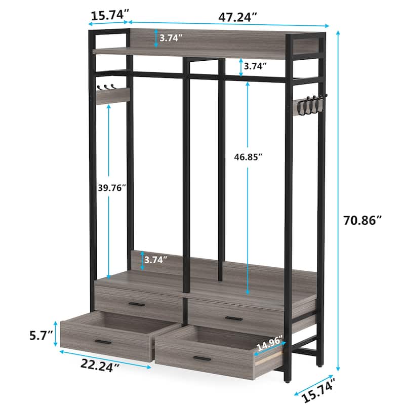 Freestanding Closet Organizer, Clothing Rack with 4 Drawers, 8 Hooks and Storage Shelves - Grey