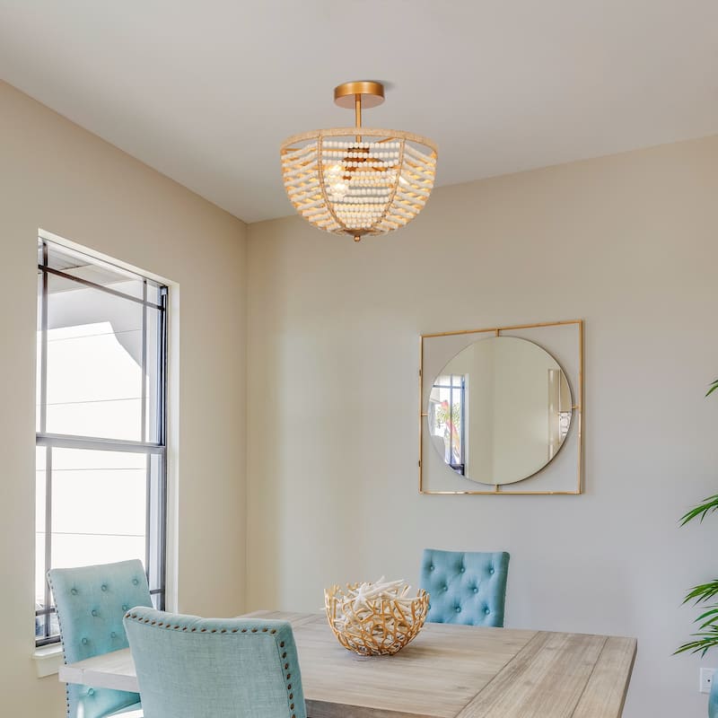 Coastal Boho Beaded 3-Light Chandelier Gold Semi-flush Mount Ceiling Light for Foyer Entry - Dia. 14" x H 13.7"