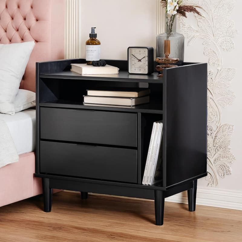 Mid-Century Modern Solid Wood 2-Drawer Gallery Nightstand - Black