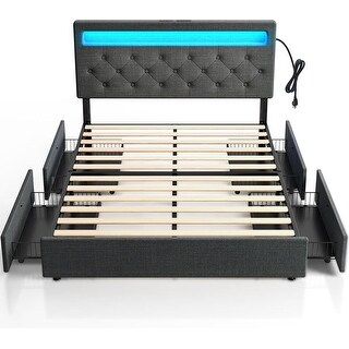 Full Size Bed Frame with 4 Storage Drawers, Charging Station, LED ...