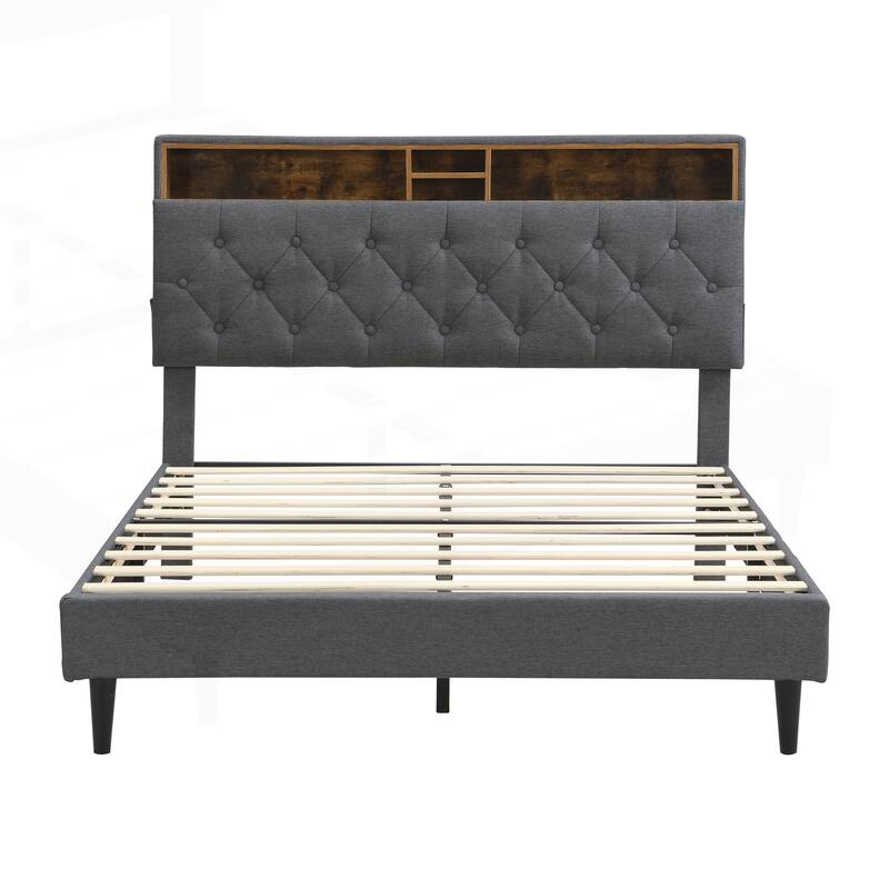 Modern Platform Bed Frame with Tufted Headboard and Multiple Functionalities