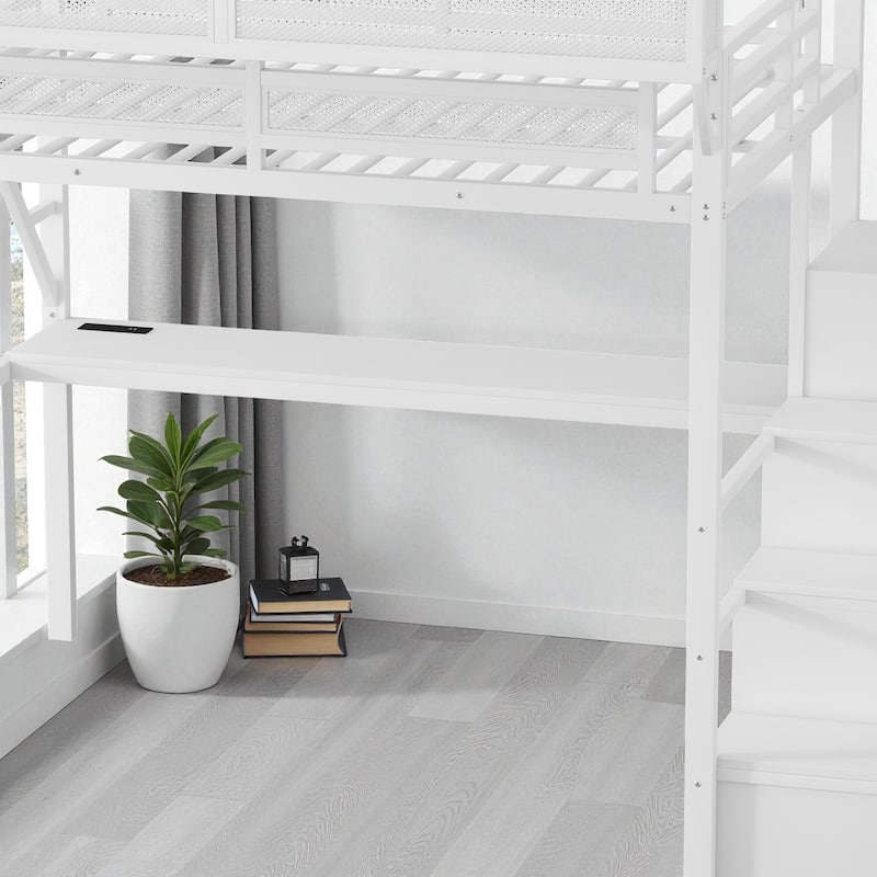 Full/Queen Size Metal Loft Bed with Desk, RGB Light, Charging Station, Shelves and Wardrobe, Stair Loft Bed for Teens