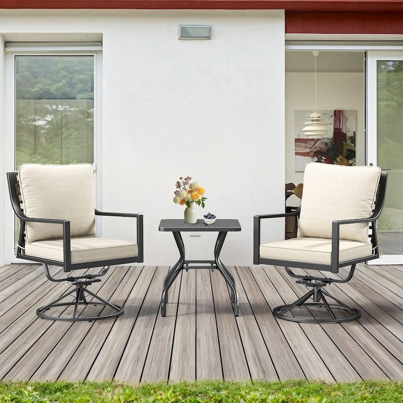 Outdoor Patio Glider Chairs Beige Cushion Set - 3PCS Swivel Chair with Side Table