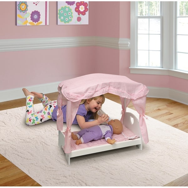slide 2 of 7, Badger Basket Canopy Doll Bed with Bedding - White/Pink