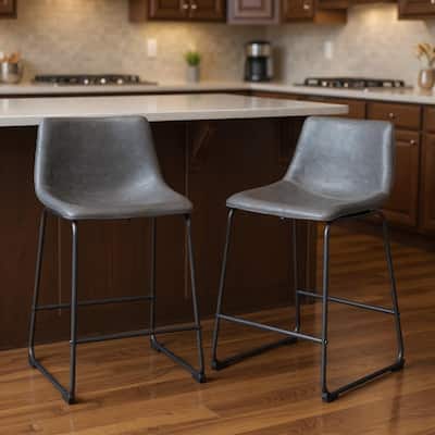 HomeRoots Set of Two 24" Charcoal and Black Faux Leather and Steel Counter Height Bar Chairs