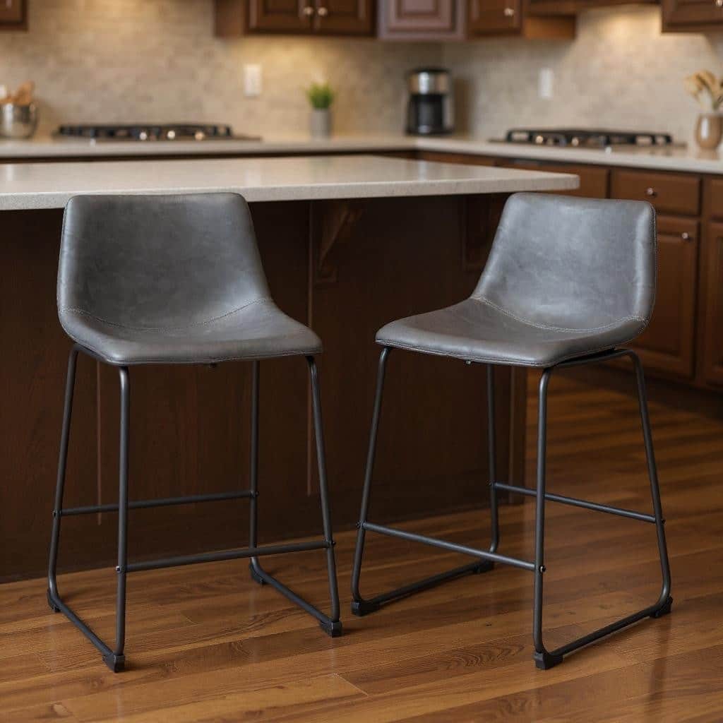 HomeRoots Set of Two 24" Charcoal and Black Faux Leather and Steel Counter Height Bar Chairs