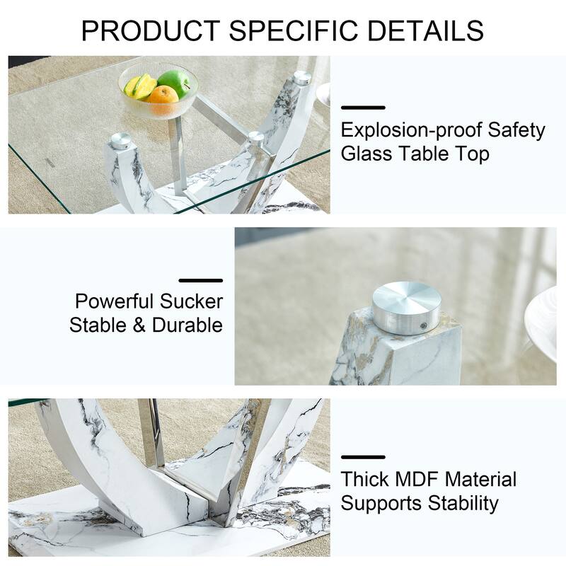 Roomfitters Glass Coffee Table with Marble Pattern MDF Legs and Steel Columns, Modern Gaming or Office Desk, White Marble