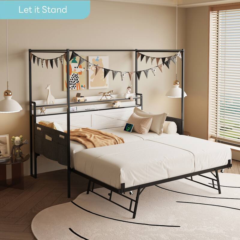 Twin Size Daybed with Pull-out Trundle Bed, 4-Poster Canopy Bed Metal Bed Frame with Charging Station LED Headboard