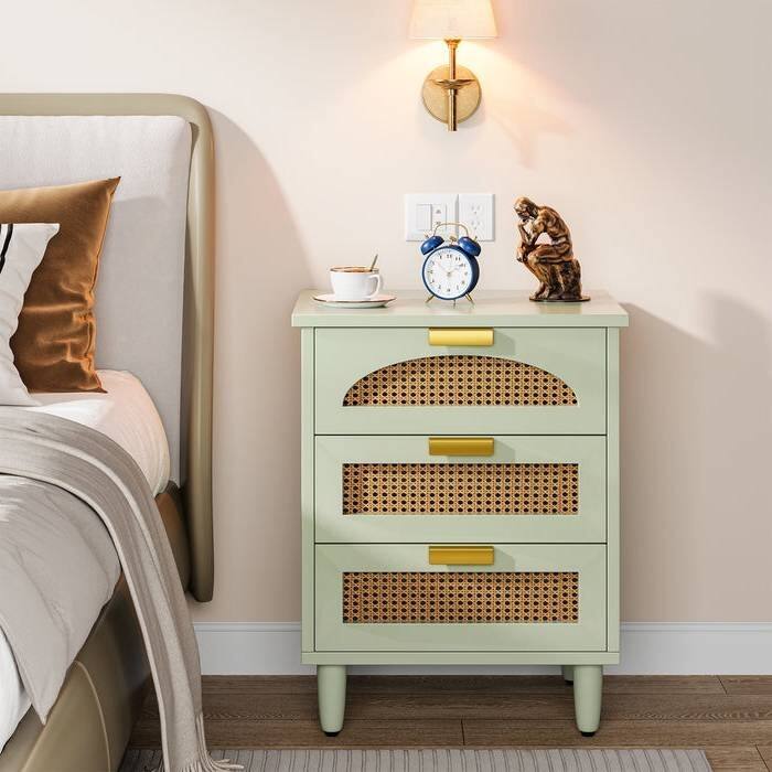 Retro Green 3 Drawer Nightstand with Rattan Accents and Gold Handles Modern Farmhouse Style