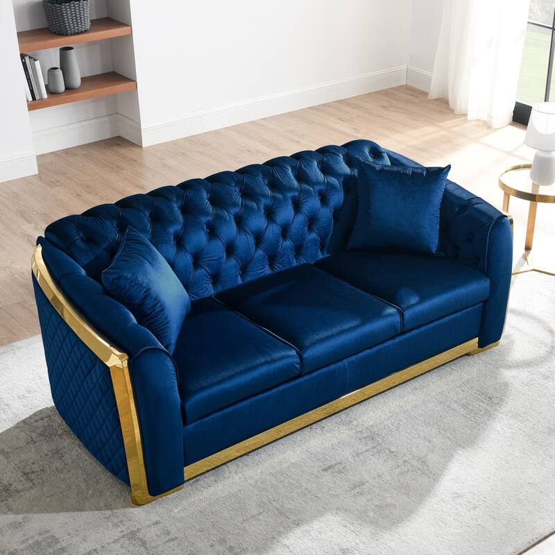 Velvet Chesterfield Sofa Set - 3-Seat Tufted Couch with Gold Stainless for Living Room
