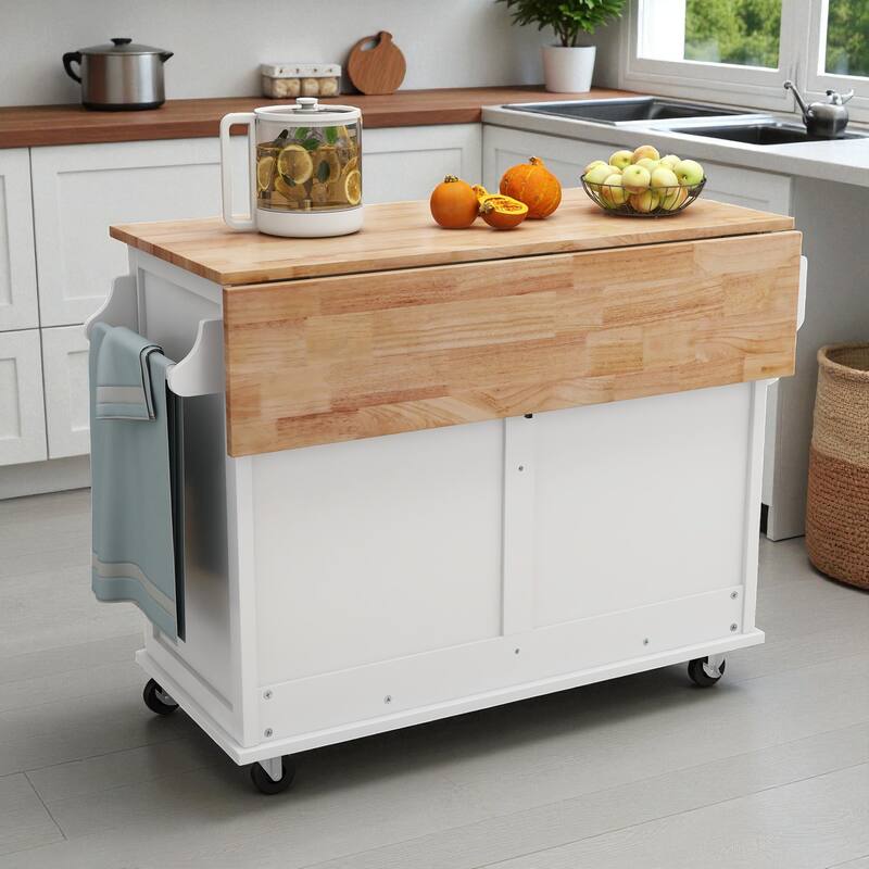 52" Kitchen Island Cart with Rubber Wood Drop Leaf, Hidden Sliding Barn Door, Storage Cabinet & Drawers on Wheels
