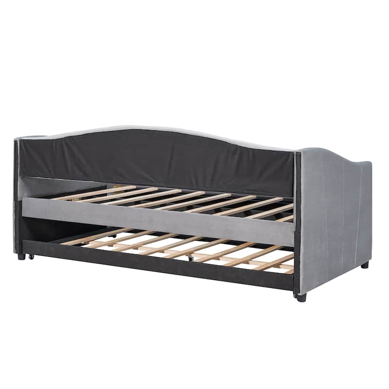 Grey Velvet Upholstered Twin Size Daybed Sofa Bed with Twin Size Trundle, Wood Slat Support