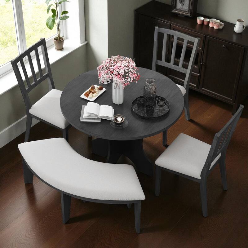 5-Piece Rustic Round Dining Table Set with 3 Upholstered Chairs and Curved Bench, Wood Farmhouse Kitchen Furniture - Grey