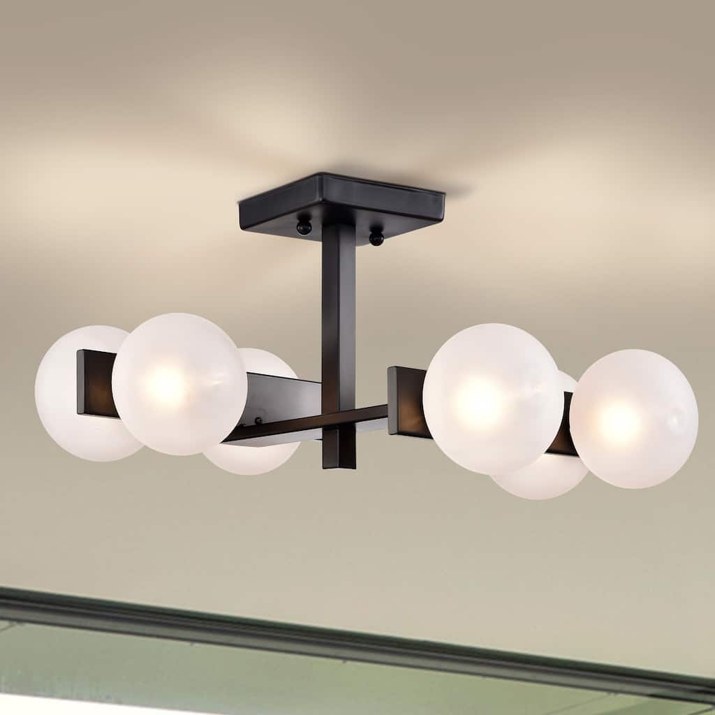 Carly Matte Black 6-Light Frosted Glass Globe Semi-Flush Mount