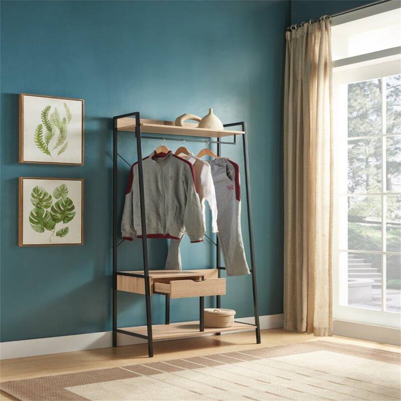 Metal Clothes Rack Open Wardrobe Free Standing with One Drawer Hanging Clothes Rod - Light Brown - Brown