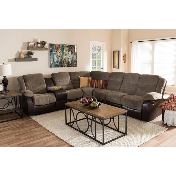 Robinson 7pcs Taupe Fabric Brown Faux Leather Two Tone Robinson 7pcs Taupe Fabric Brown Faux Leather Two Tone Sectional Sofa