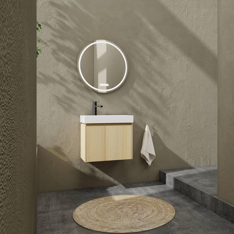 24 Inch Bathroom Vanity with Basin, Wall Mounted Floating Vanity Sink Combo, Wooden Storage Cabinet with Double Doors - Oak