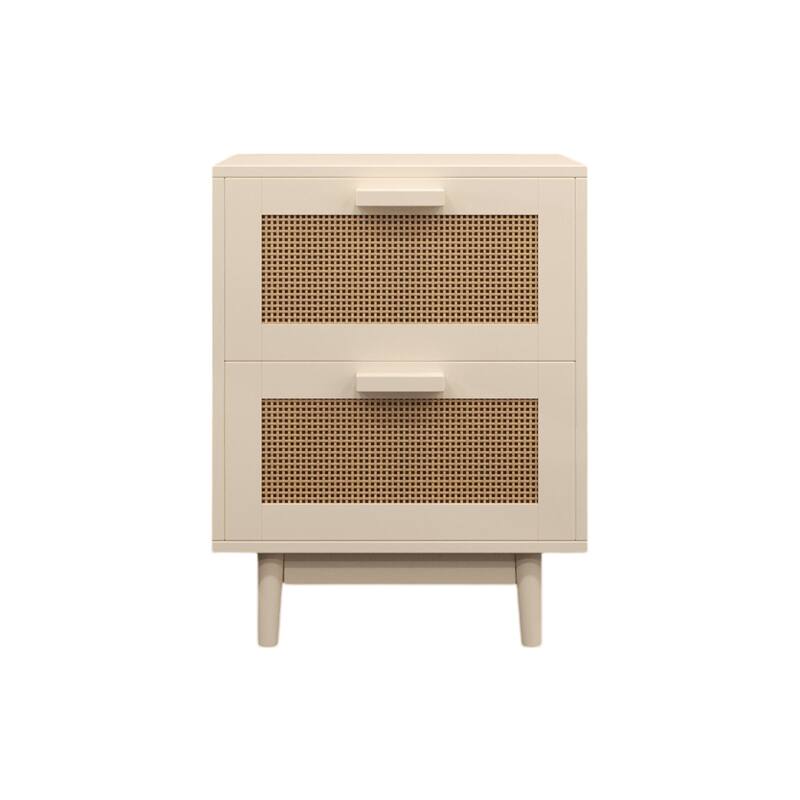 Anmytek Rattan Nightstand Two Drawer Bedside Table,Wood Accent Table with Storage for Livingroom