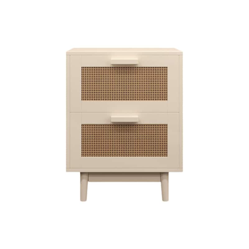 Rattan Nightstand, Wood End Table, Side Table with 2 Faux Rattan-Decorated Drawers for Living Room, Bedroom