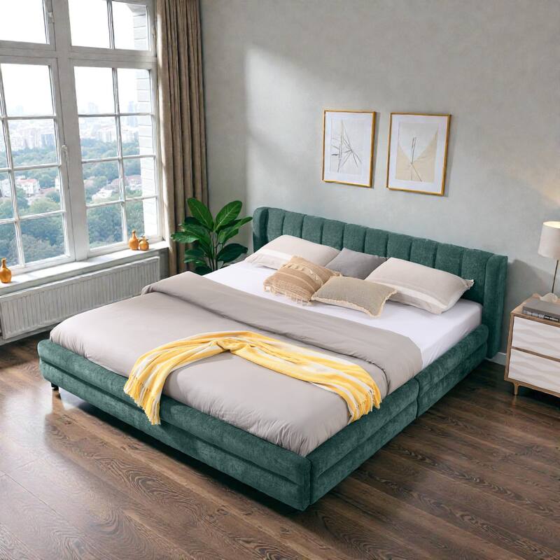 King Upholstered Bed Frame with Chenille Fabric, Soft Headboard and Underbed Storage Drawer, Modern Platform Design