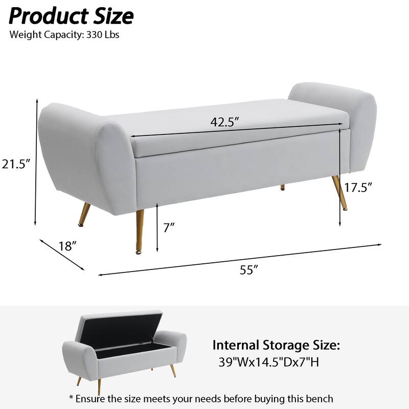 Upholstered 55"W Flip Top Storage Bench Bedroom Bench Modern End of Bed Bench for Entryway Hallway Window with Gold Legs