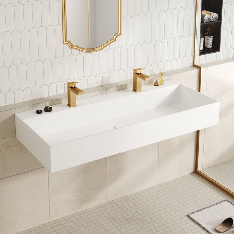 Solid Surface Wall-Mounted Rectangular Bathroom Sink with Pop-Up Drain, Modern Floating Wash Basin with Center Drain