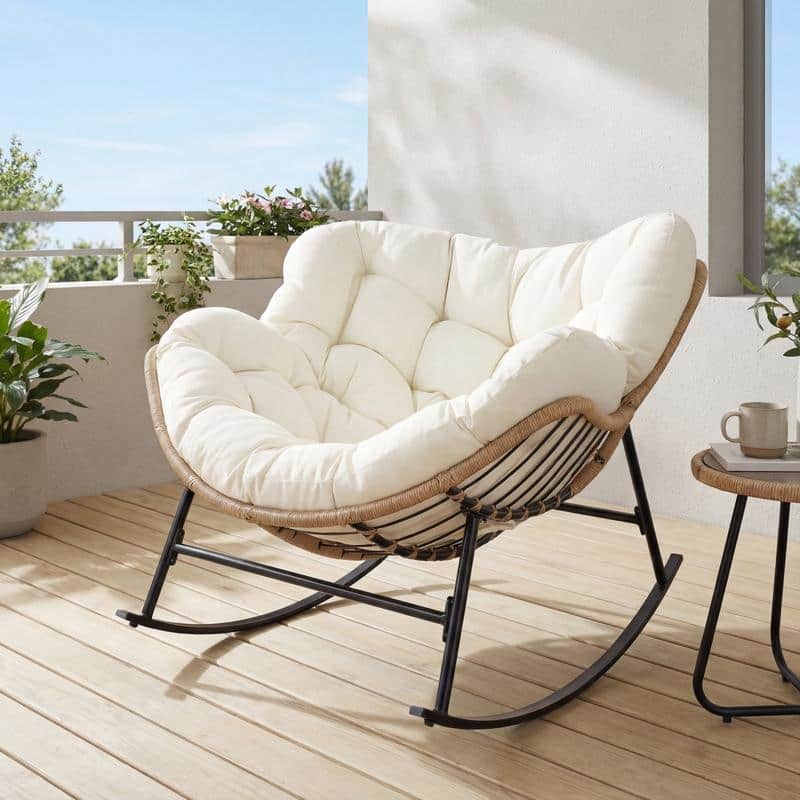 Oversized Indoor Outdoor Royal Papasan Rocking Chair, Patio Egg Rocker with Cushions, 450 lb Capacity - 1 PC-Beige