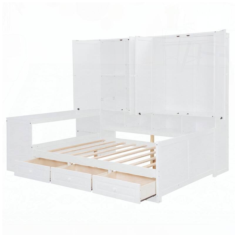 Wooden Daybed With Three Drawers and All-in-One Cabinet