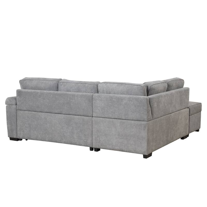 Linen 2 in 1 Pull Out sofa bed L-Shape Couch with Storage Ottoman and Cup Holder Sleeper Sofa Bed with Backrest and Pillows