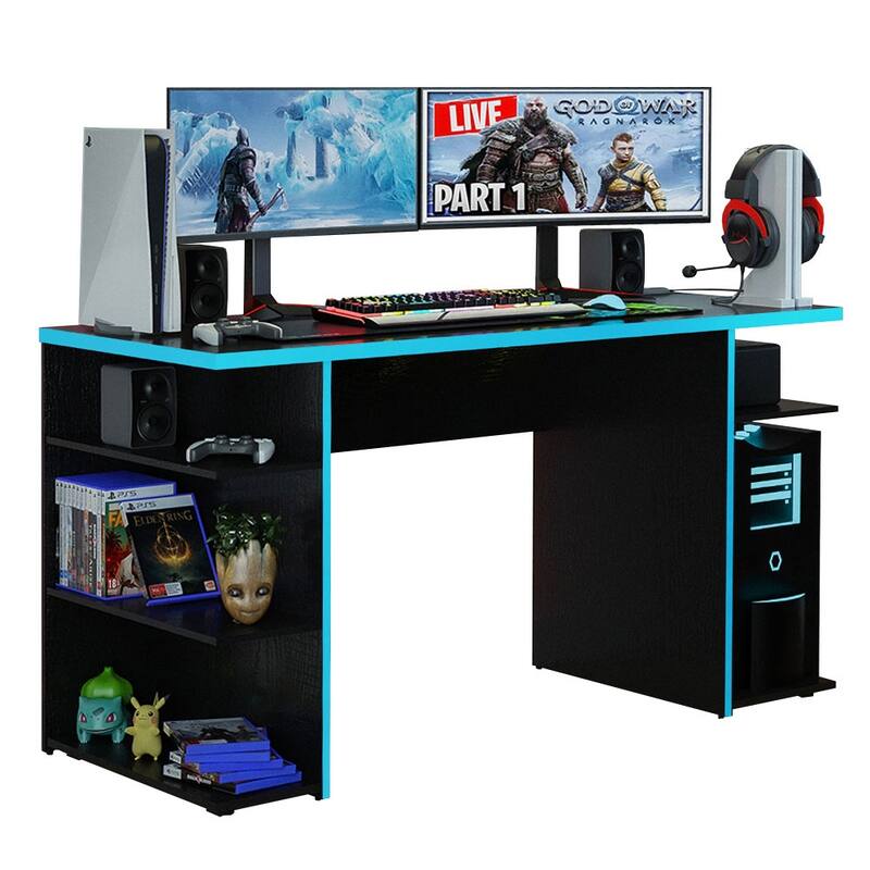 Madesa Large Modern Gaming Computer Desk 53 Inch with 5 Shelves Cable Management Student Study Home Office Gamer Desk
