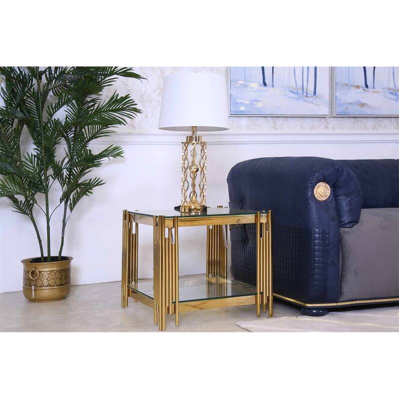 20" Wide Square End Table with Glass Top, Golden Stainless Steel Tempered Glass Coffee Table