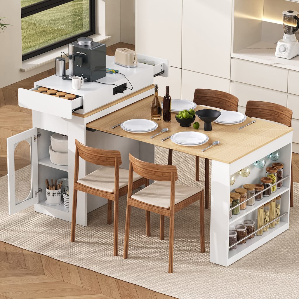 Extendable Dining Table with Folding Tabletop, Bar Table with Drawers and Power Outlet, Kitchen Island with Wheels and Hooks