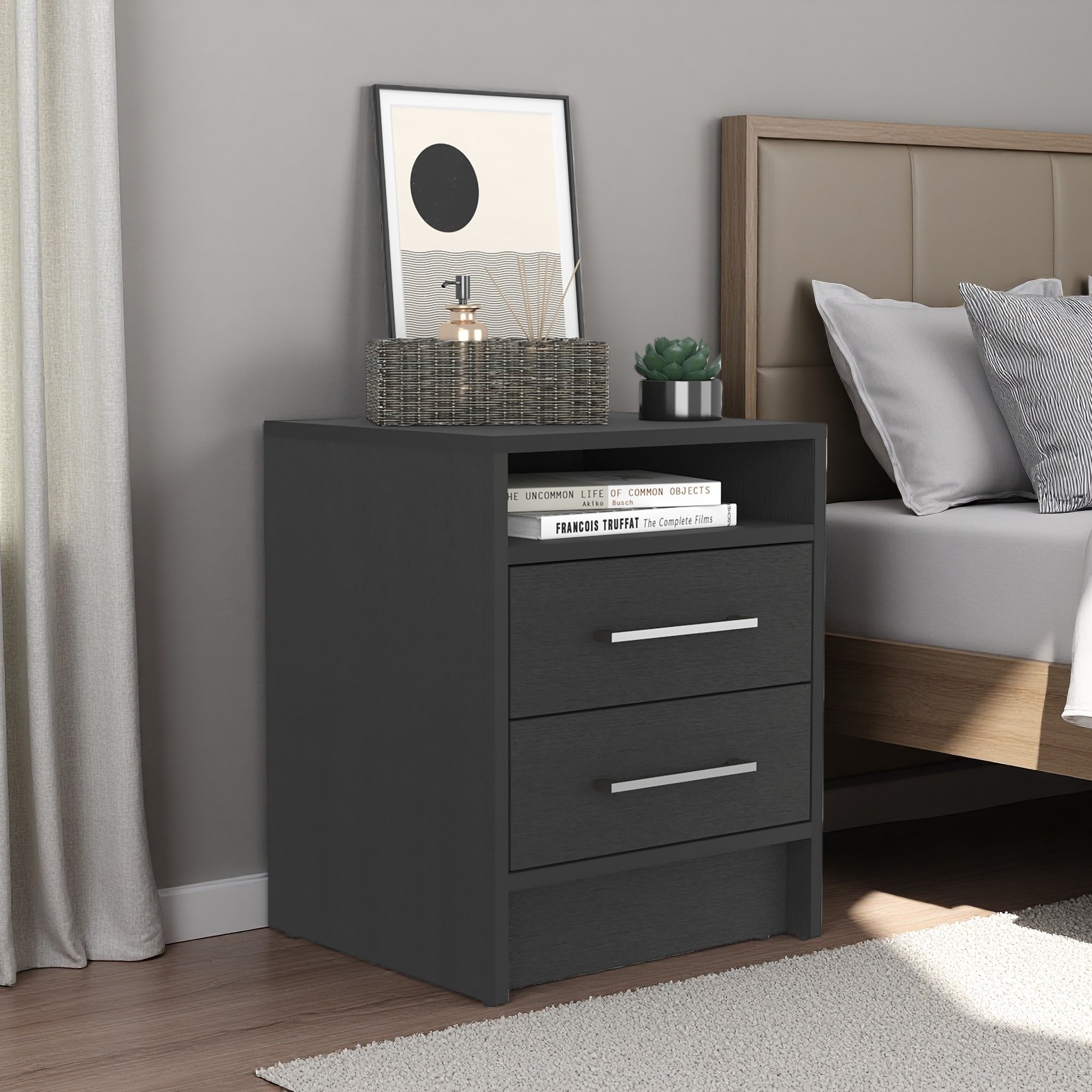 15.7"L Wood Nightstand with Two Drawers & Open Shelf, Superior Top, Metal Handles
