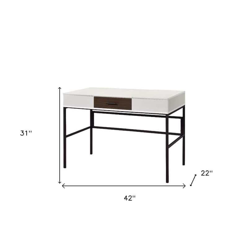 Wood Writing Desk with USB Port, Drawer and Black Metal Base