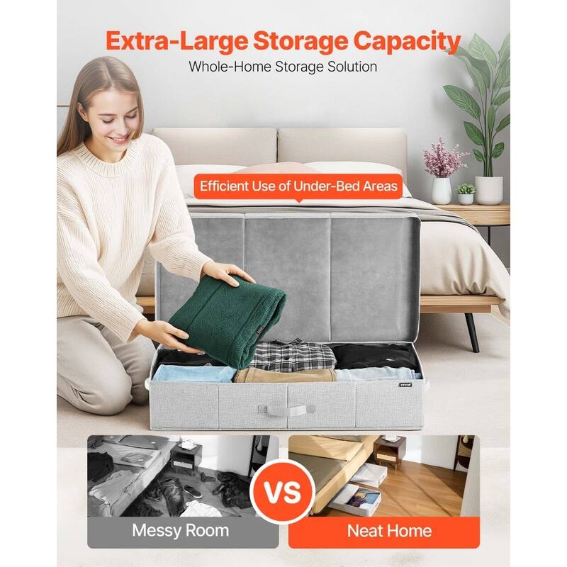 Set of 2 Grey Linen Under Bed Storage Bags Foldable Clothes Organizer with Reinforced Handles - 31.7 x 15.9 x 6.1 inch