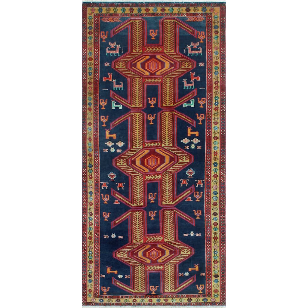 Fine Vintage Distressed Berford Navy/Burgundy Runner - 3'11" x 8'3"