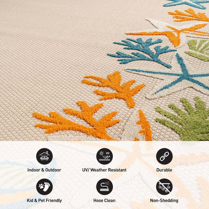 World Rug Gallery Indoor/Outdoor High-Low Textured Area Rug, Coastal Border Easy-Clean Patio Rug