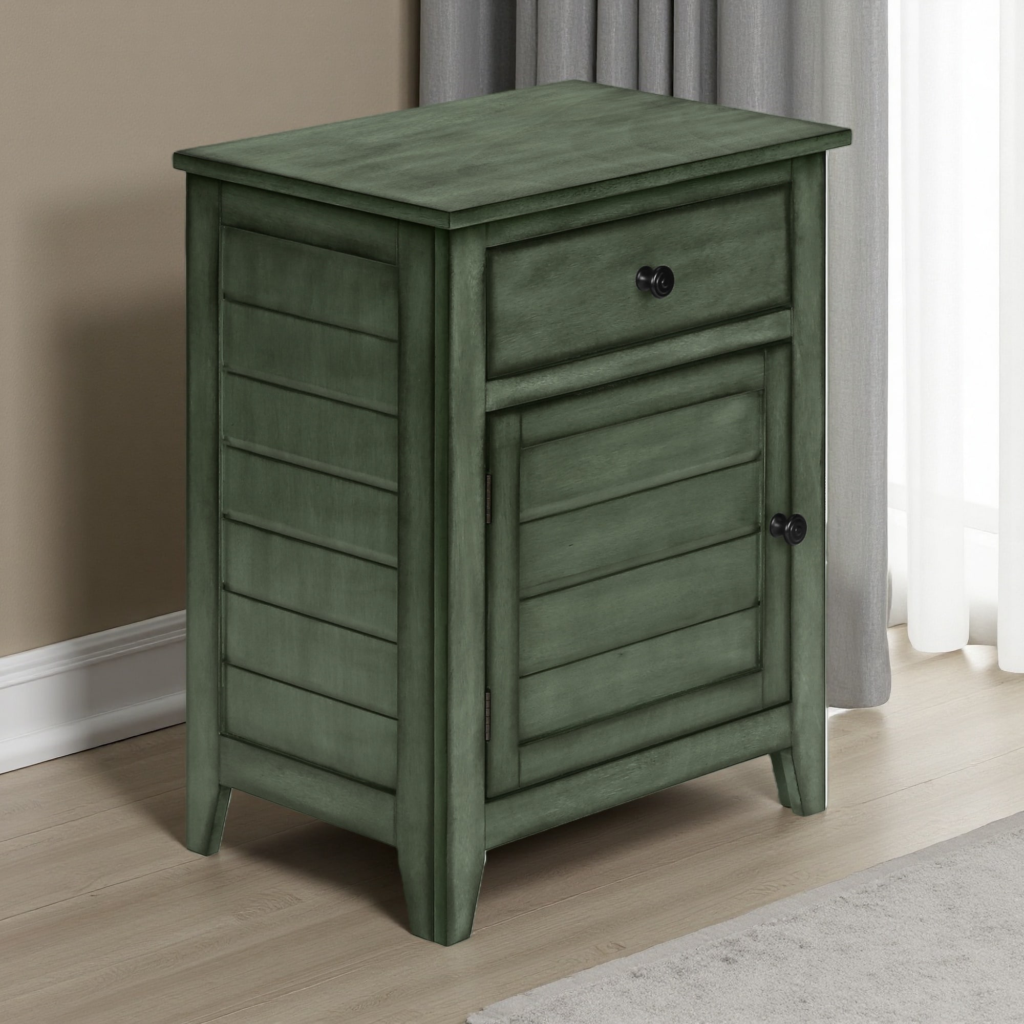 20"L Antique Veneer Transitional Accent Table with Drawer, Cabinet & Metal Knobs