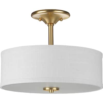 Inspire Collection Two-Light Satin Brass Summer Linen Shade New Traditional Semi-Flush Light - 13 in x 13 in x 10.125 in