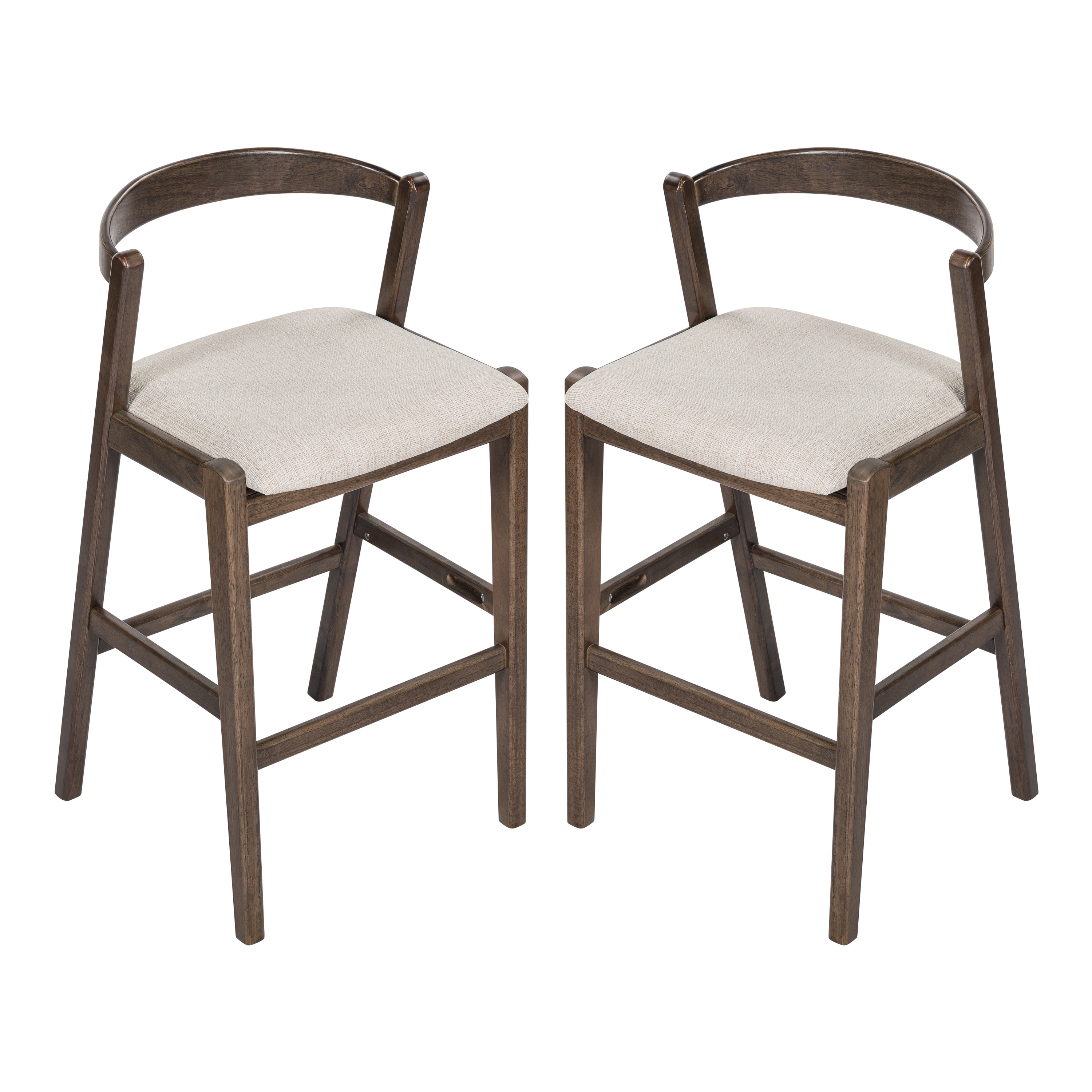 Indoor Rubberwood Barstool - Dark Brown Finished, Beige Upholstery, Set Of 2.