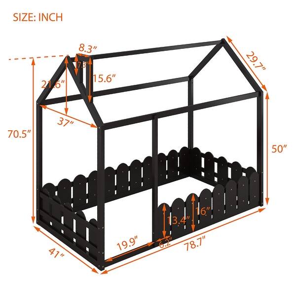 dimension image slide 1 of 4, Twin Size Wooden House Bed Frame with Fence for Kids, Teens, Girls & Boys - Slats Not Included