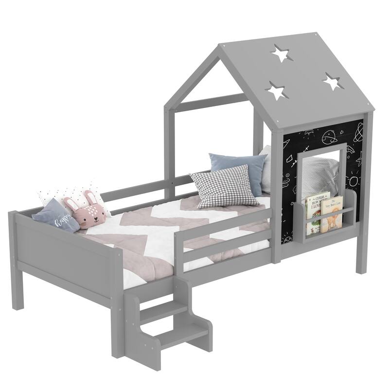 Twin House Beds with Low-Profile Stairs and a Window, Solid Wood House Platform Bed with a Bookcase Design