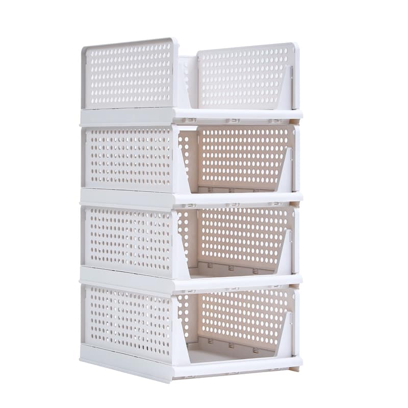 Javlergo 4 Pack Stackable Plastic Storage Basket, L-Size Foldable Closet Organizers and Storage Bins Drawer Shelf - 4-Tier - 4-Tier - White
