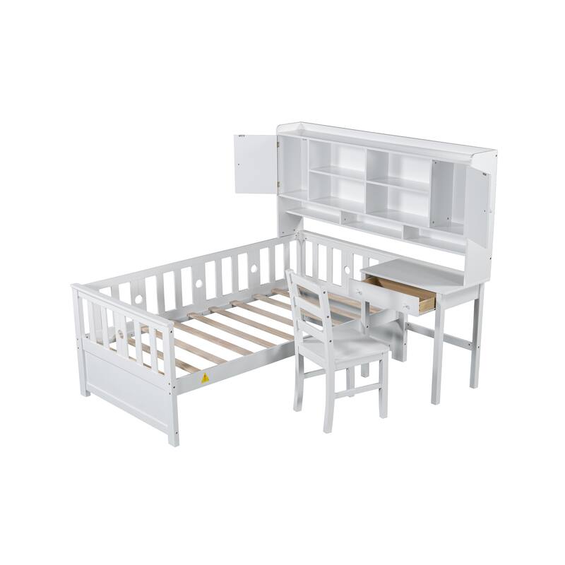Twin Size Multifunctional Wood Platform Bed with Bookshelf,Built-in Desk and Matching Chair
