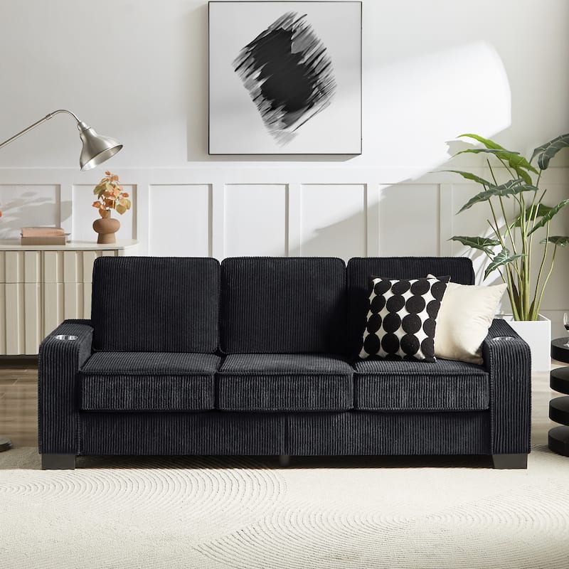 Anmytek 84 Inch Black Corduroy Sofa Modern 3 Seater Upholstered Couch for Living Room
