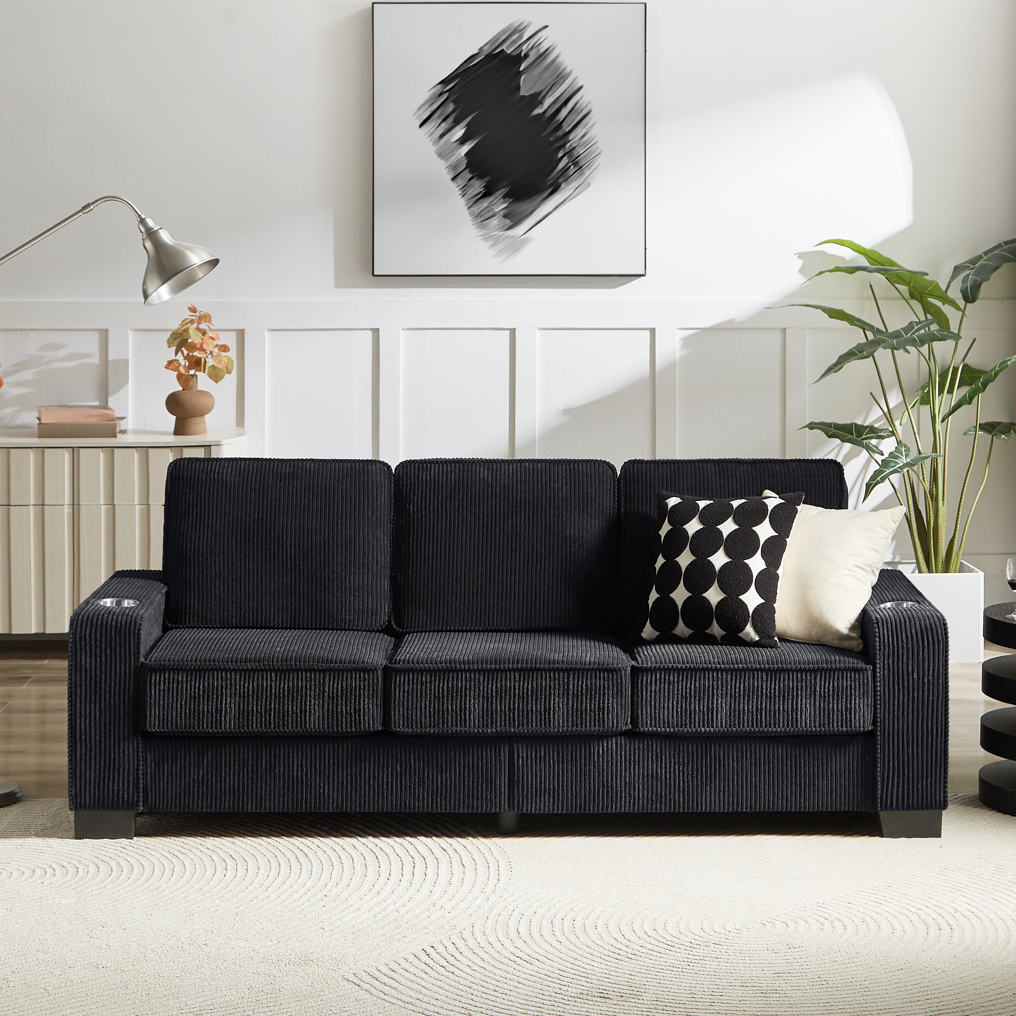 Modern Extendable 3-Seater Sofa with Dual Armrest Cup Holders and Plush Backrest for Living Rooms or Apartments