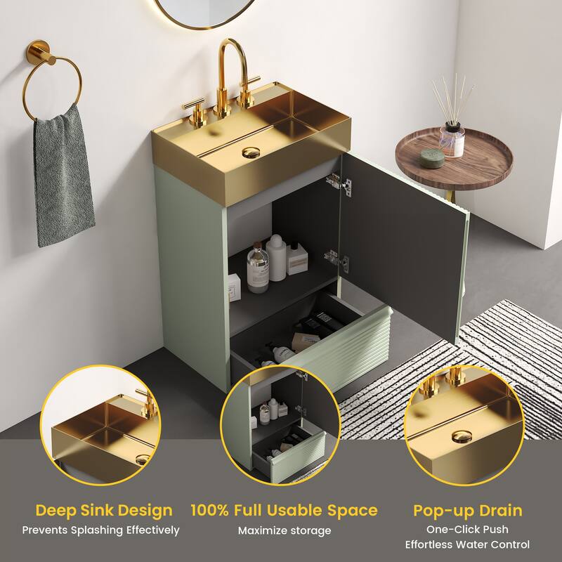 20" Striped Bathroom Vanity with Integrated Brushed Gold Metal Vessel Bathroom Sink, Freestanding Bathroom Cabinet